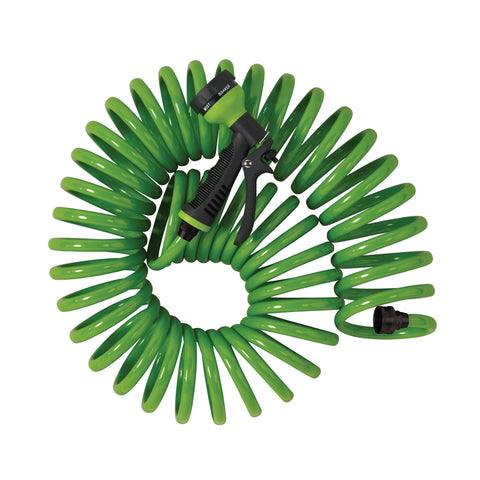 Orbit 25 ft green coil hose with 8-pattern plastic nozzle