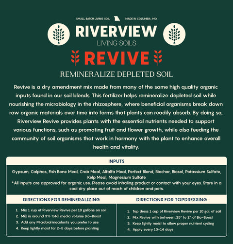 River View Living Soils Revive amendment ingredients and application directions