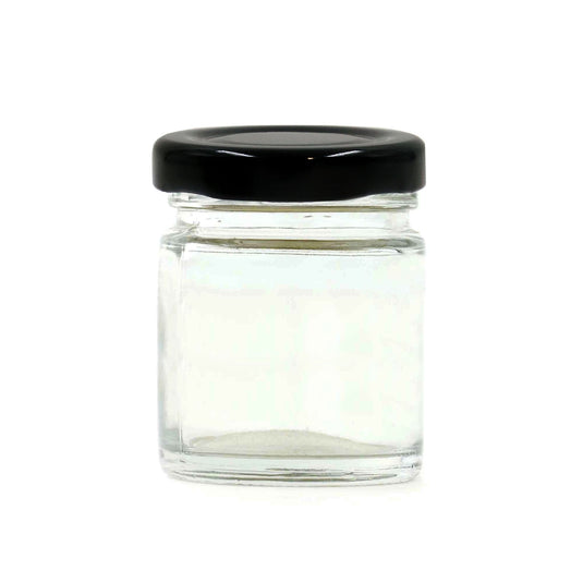 Small glass cylinder honey jar, 60 ml sample size, with lid.