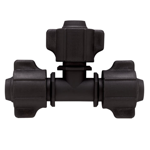 Half-inch universal drip irrigation tee fitting for distribution tubing.