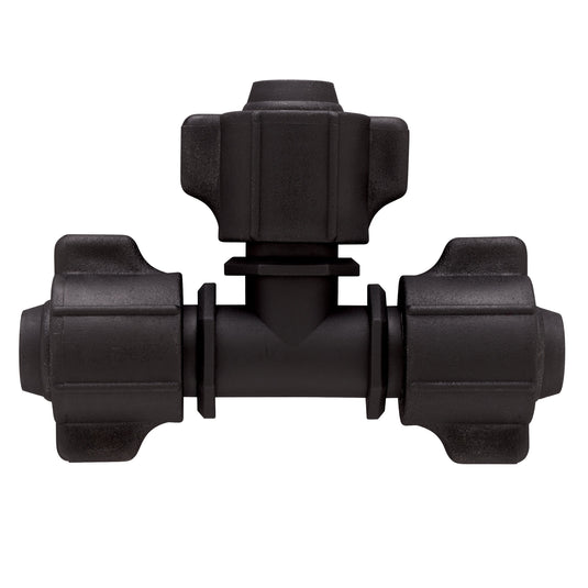 Half-inch universal drip irrigation tee fitting for distribution tubing.