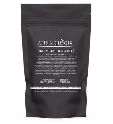 Container of Apis Biologix Bio-Metabolic Fuel supplement for honeybee colony energy.