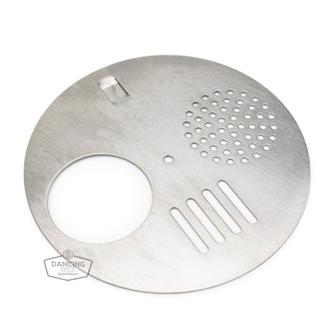 Metal entrance disc mounted on a hive for controlling bee traffic.