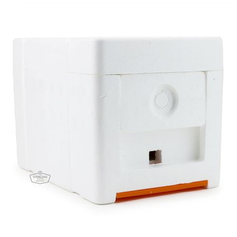 Styrofoam mini mating nuc with built-in feeder and three access frames.