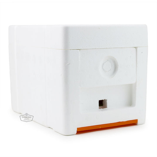 Styrofoam mini mating nuc with built-in feeder and three access frames.