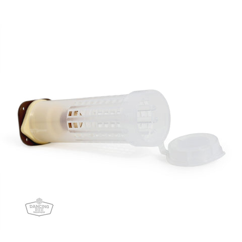 Hair roller style queen cell protector cage with mount and base.