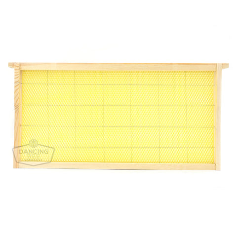 Deep wooden frame pre-assembled with wired natural beeswax foundation.
