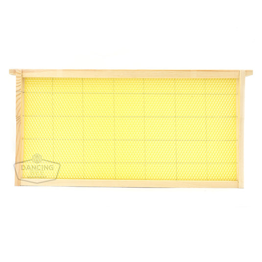 Box of 20 deep wooden frames pre-assembled with beeswax foundation.
