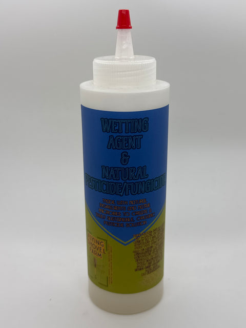 Flying Shovel Farm wetting agent and natural pesticide/fungicide bottle, front
