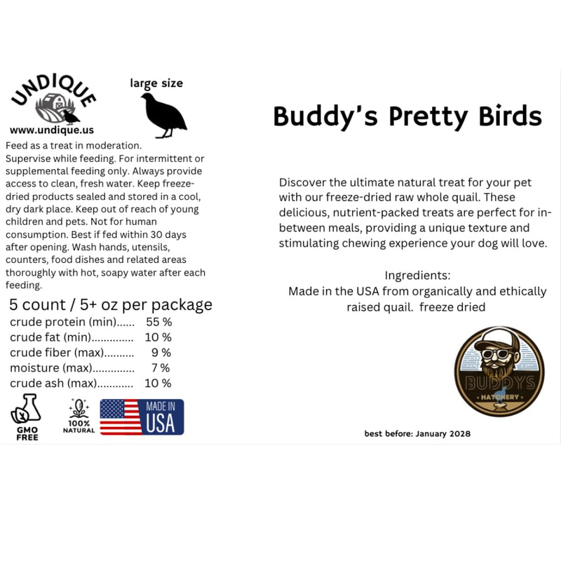 Load image into Gallery viewer, Bird Dog Training Quail - Premium Freeze-Dried Whole Quail for Dogs 5ct, Large (Chick) - Natural Prey Feeding Quality Protein Pet Treats
