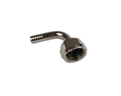 Stainless steel beer nut assembly with 90-degree tailpiece for 5/16-inch tubing.