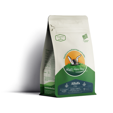 Rabbit Hole Hay ultra-premium alfalfa hay for rabbits and guinea pigs, bag.