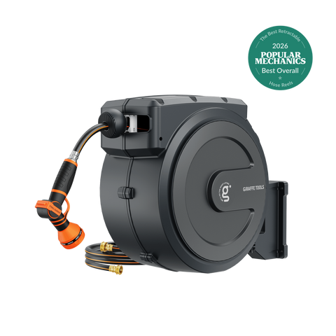 Giraffe Tools retractable garden hose reel, 5/8 inch by 90 feet