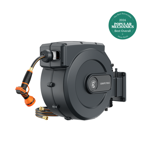 Giraffe Tools retractable garden hose reel with 115 feet of 5/8 inch hose