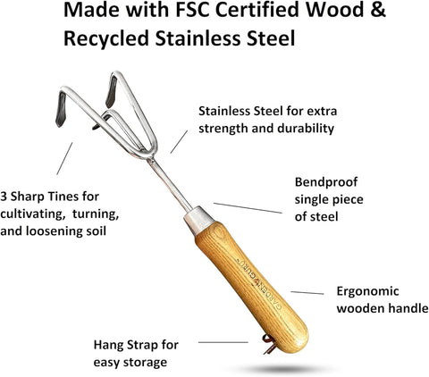 Stainless Steel Garden Cultivator (classic wood handle), additional product view 2