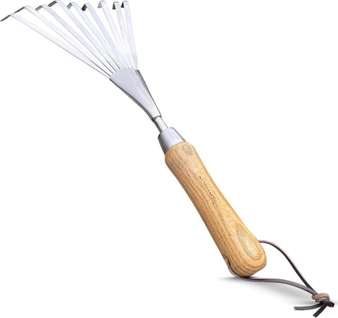Garden Guru stainless steel hand rake, wood handle