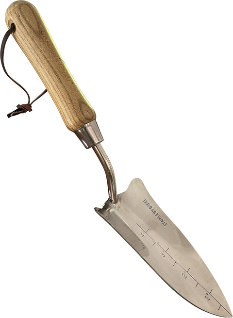 Garden Guru transplanter trowel, wood handle