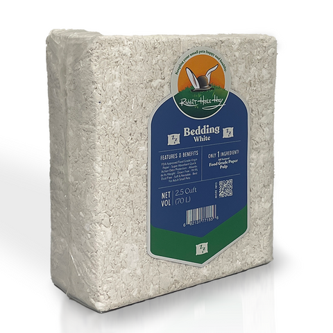 Rabbit Hole Hay food-grade white paper bedding for small-pet cages, bag.