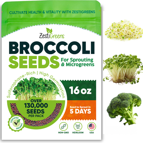 Packet of organic broccoli seeds for microgreens and sprouts.