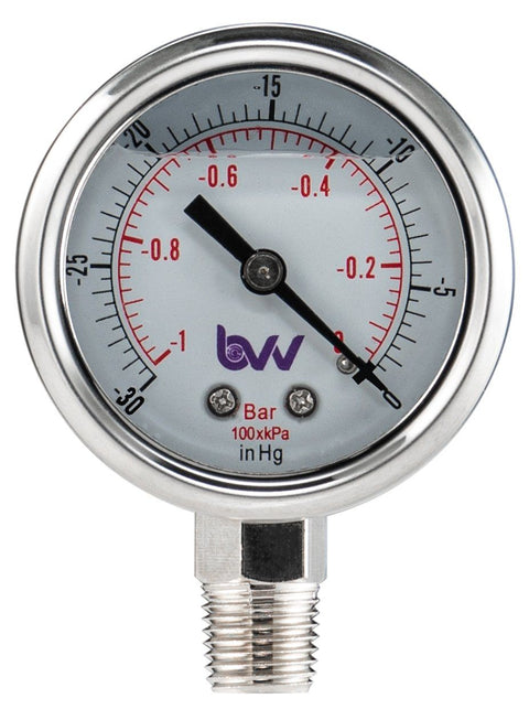 Standard glycerin filled vacuum gauge, 1/4 inch NPT base