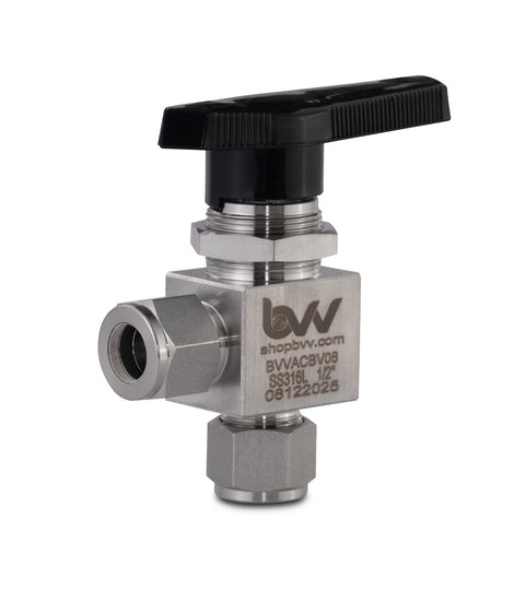 Angled compression ball valve