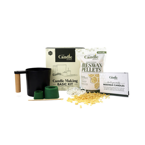 Basic candle making kit with wax pot, beeswax pellets, tealight molds, and wick.