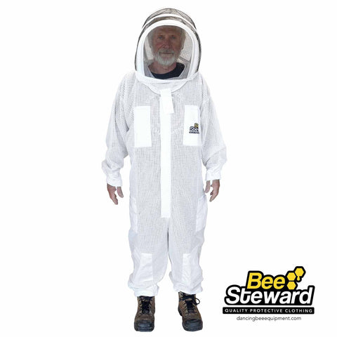 Vented poly-cotton beekeeping suit with hood, zipper, and knee pads.