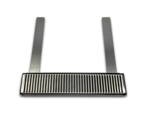 Collapsible stainless steel drip tray for 54-quart cooler jockey box.