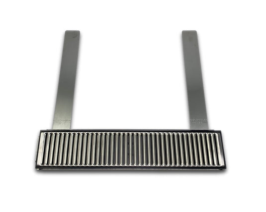 Collapsible stainless steel drip tray for 54-quart cooler jockey box.