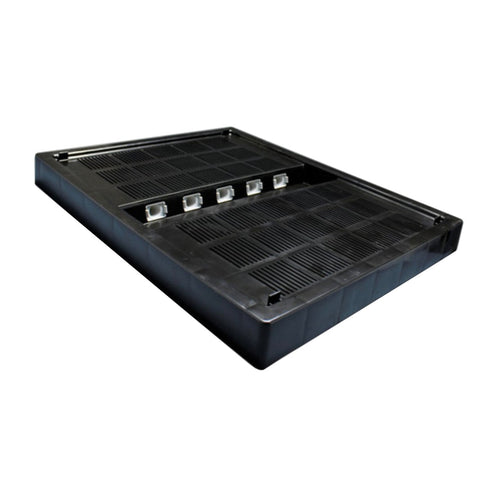 Ceracell bee escape clearer board with ten cone-shaped exits for harvest.