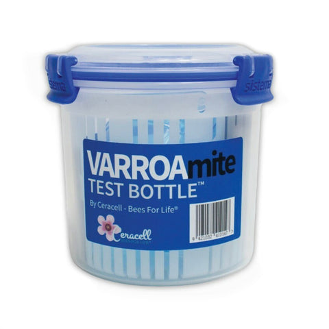 Ceracell varroa mite test bottle with clear shaker body and integrated filter basket.