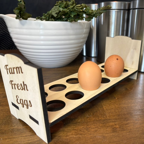 Counter Top Chicken Egg Holder - Farm Fresh Eggs, shown in use