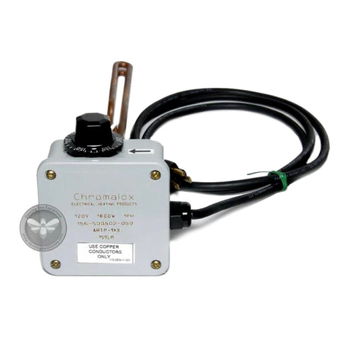 Chromalox screw plug immersion heater for water-jacketed honey processing tanks.