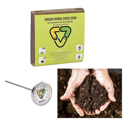 Urban Worm coco coir, castings and thermometer bundle, front