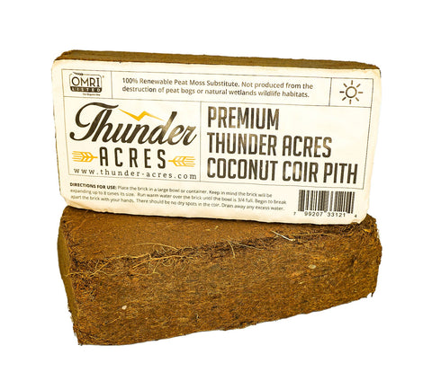 Compressed coco coir brick, OMRI approved peat moss alternative.
