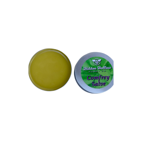 Jar of unscented comfrey salve balm made with beeswax, closed lid view.