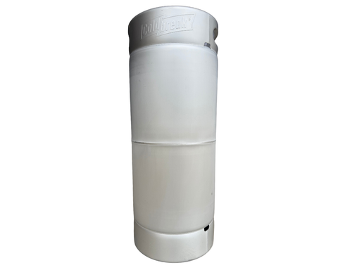 Five-gallon stainless steel sixtel keg with threaded Sankey spear.