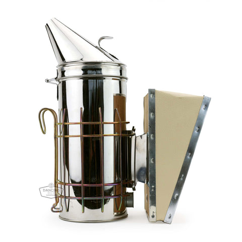 Standard stainless steel bee smoker, 10 inches tall, with bottom grate and heat shield.
