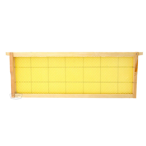 Medium wooden frame pre-assembled with wired natural beeswax foundation.