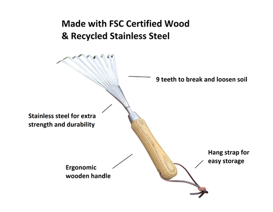 Stainless Steel Garden Hand Rake (classic wood handle)