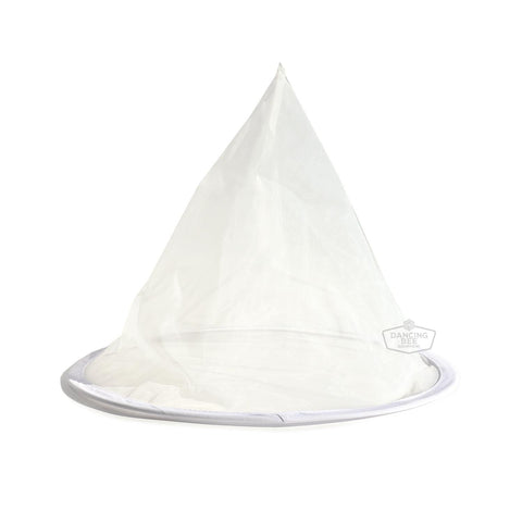 Metal-ring honey filter cone that sits over a 5-gallon pail.