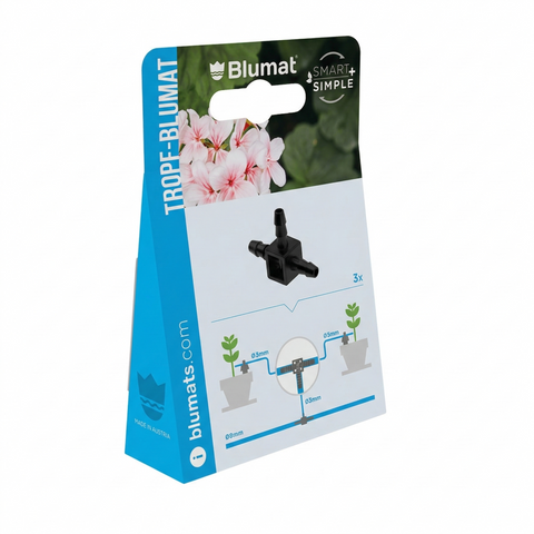 Blumat mini-tee fitting package shown at an angle on white