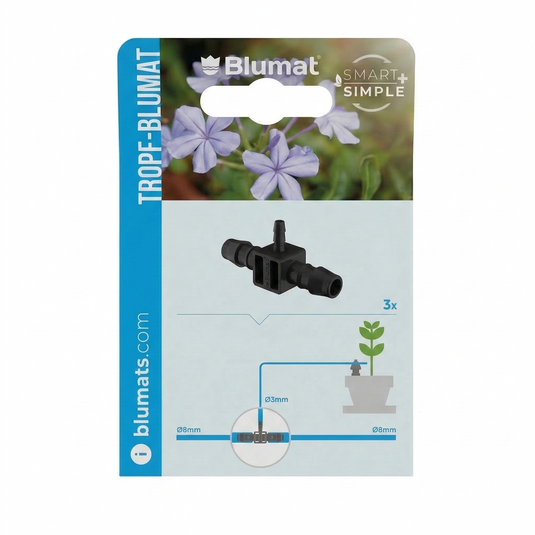 Blumat 8-3-8 mm T-piece fittings in front-facing retail blister packaging
