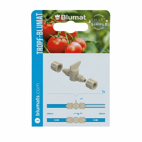 Blumat 8 mm shut-off valve in front-facing retail blister packaging