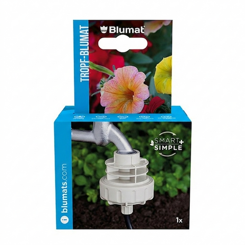 Blumat pressure reducer displayed in blue and green retail packaging