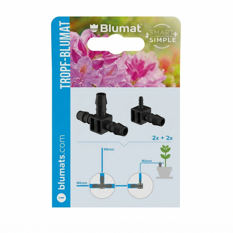 Blumat tee and end-piece fittings in front-facing retail blister packaging
