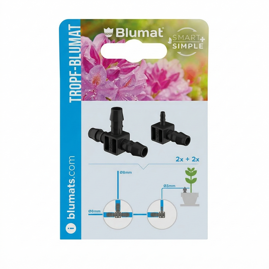 Blumat tee and end-piece fittings in front-facing retail blister packaging