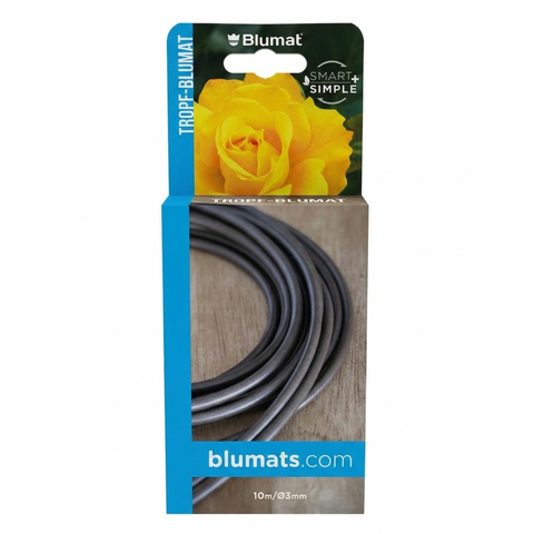 Coiled Blumat 3 mm drip tubing in front-facing retail packaging