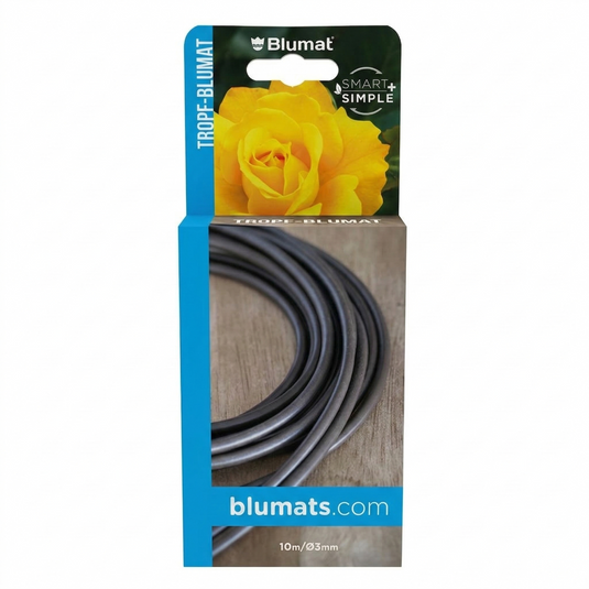 Coiled Blumat 3 mm drip tubing in front-facing retail packaging