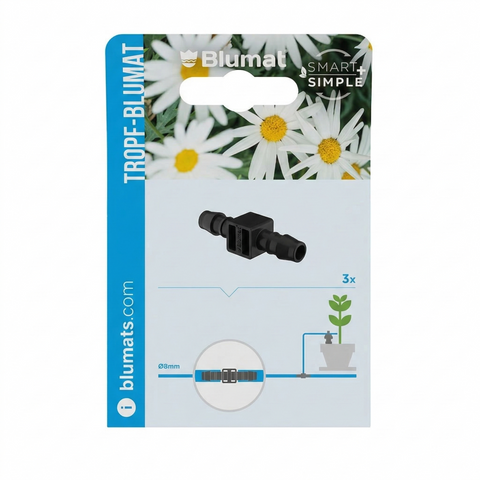 Blumat 8 mm hose unions in front-facing retail blister packaging